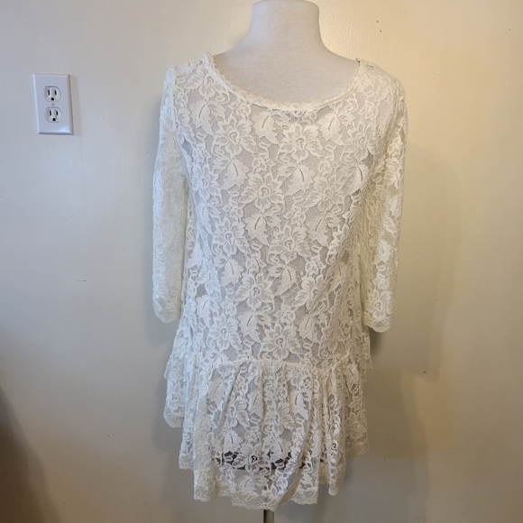 Free People (Women’s Small) Ivory Sheer Lace 3/4 Length Sleeve Baby Doll Blouse - Picture 4 of 8